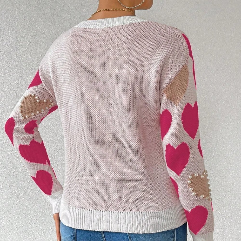 Hot Pink Casual Womens Heart Embroidery Beaded Pullover Sweater - Picture 2 of 5
